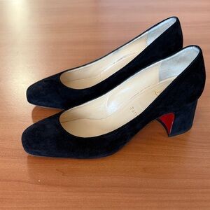 Christian Louboutin Black Suede Mid Block Heel Pumps